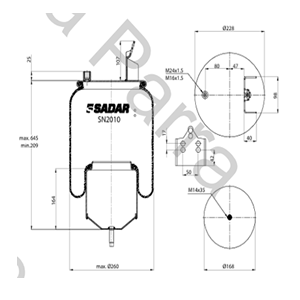 FUELLE DE SUSPENSION SELLADO VOLVO FH12 / FH16 (2004/2014)  SN2010 (ALTURA 445) (COD ORIGINAL 21961456) DIAMETRO 260 MM